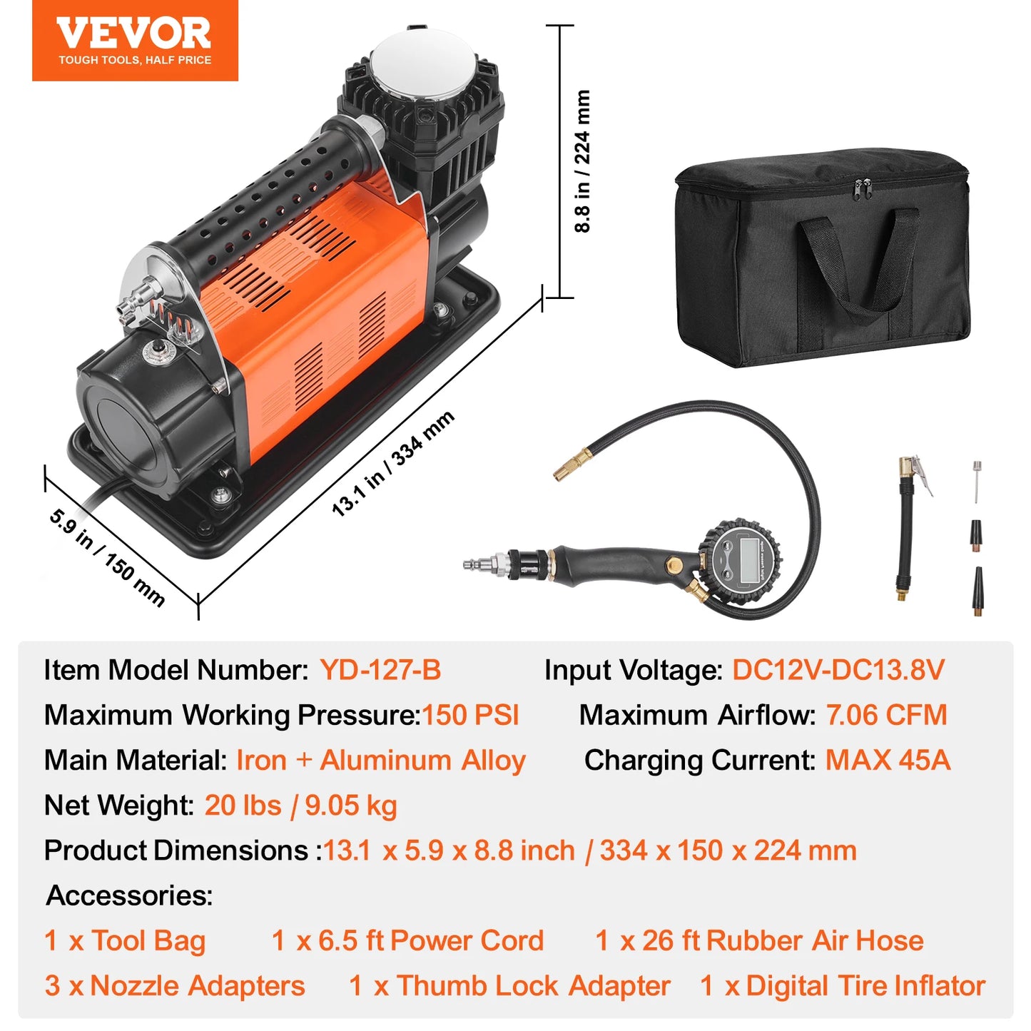VEVOR Portable Tire Inflator Dual Cylinder Air Compressor Pump