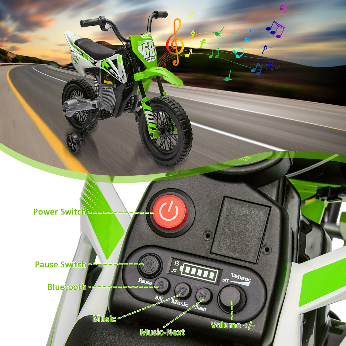 HiMiss Electric Kids Dirt Bike Ride On Motorcycle Training Wheels