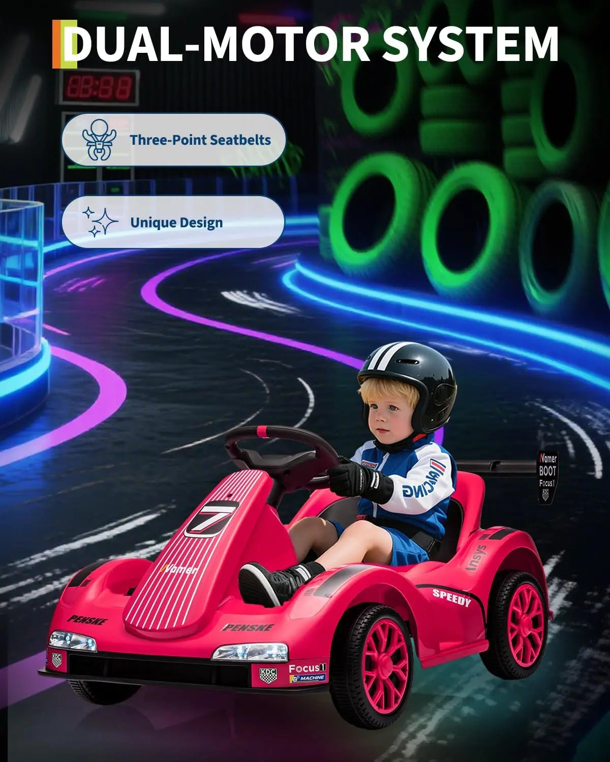 HiMiss Kids Electric Drift Kart Ride On Dual Motor Lights