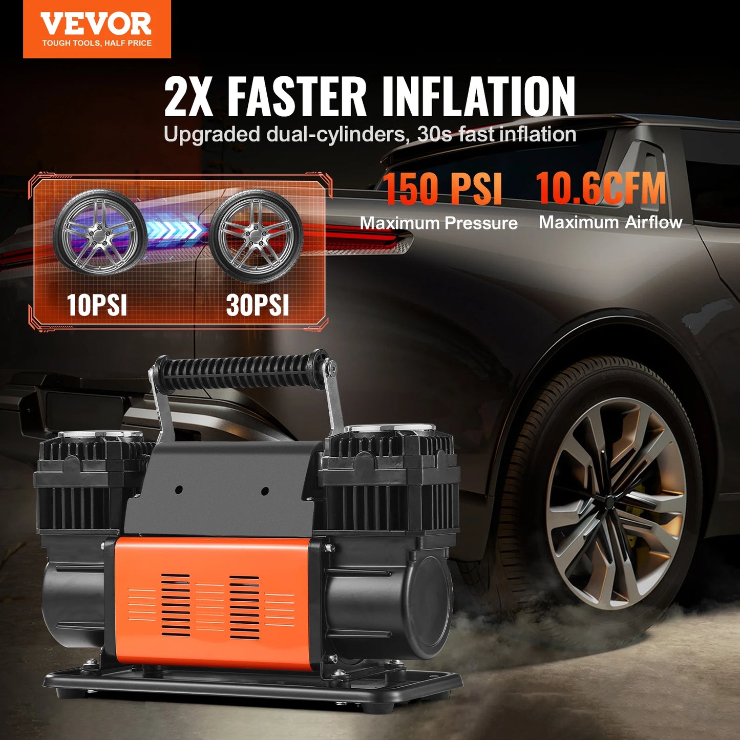 VEVOR Portable Tire Inflator Dual Cylinder Air Compressor Pump