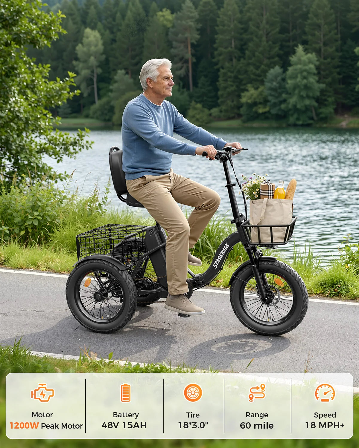 Eilleo Spacewalk 1200W Folding Electric Trike With Fat Tires