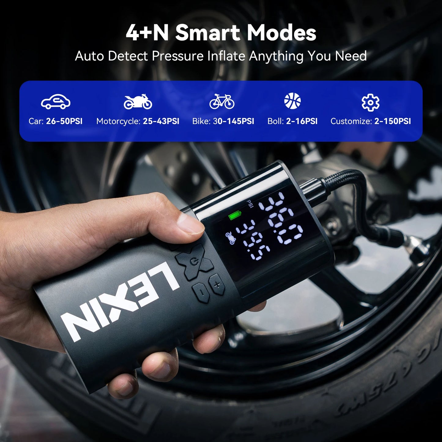 Lexin P4 Smart Air Pump Motorcycle Tire Inflator Digital Display