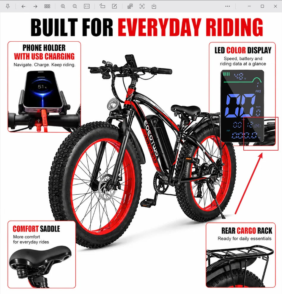 Eoeotwo 1500W Fat Tire Electric Bike With Extended Range Battery