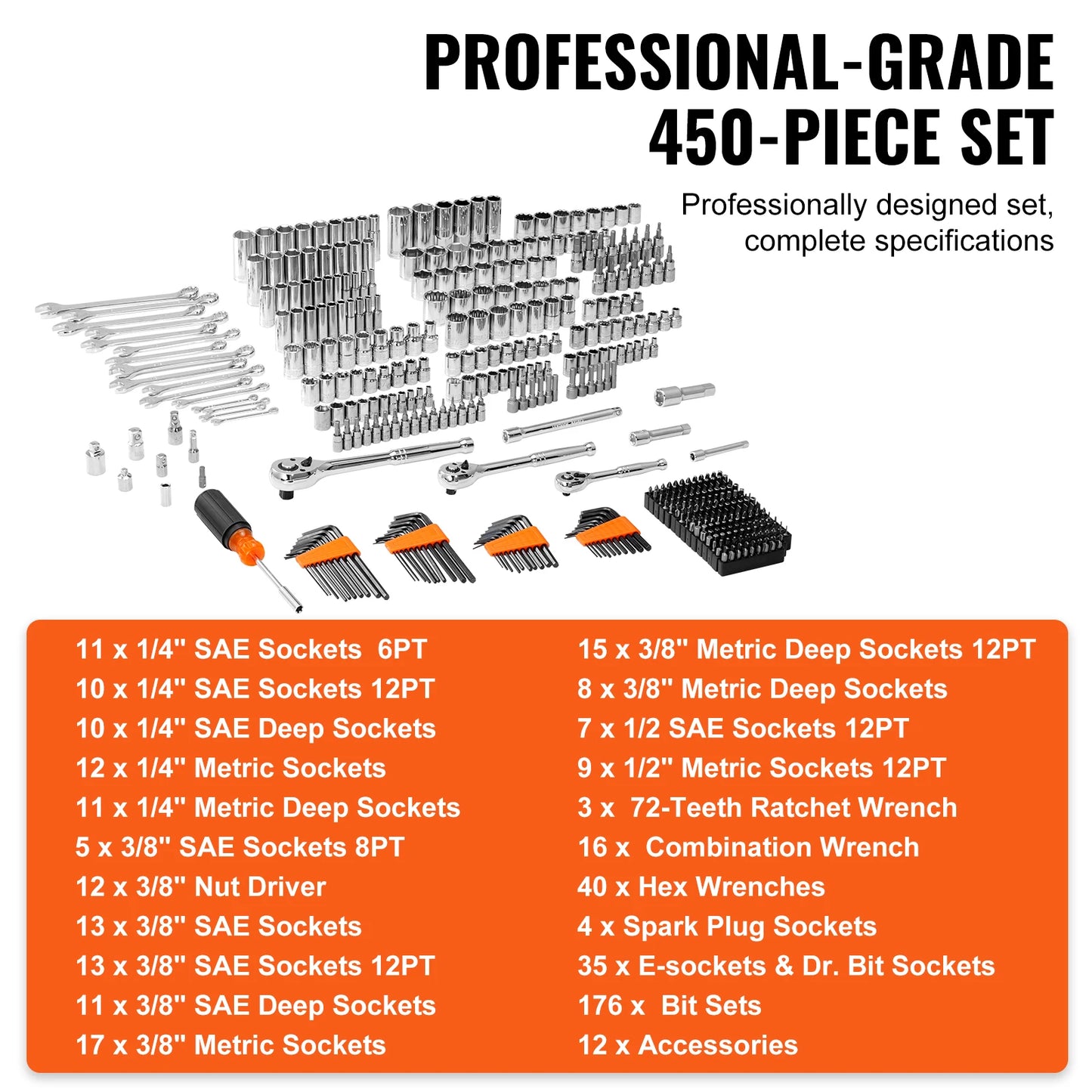 SucceBuy 450 Piece Mechanics Toolkit For Metric And SAE Sockets