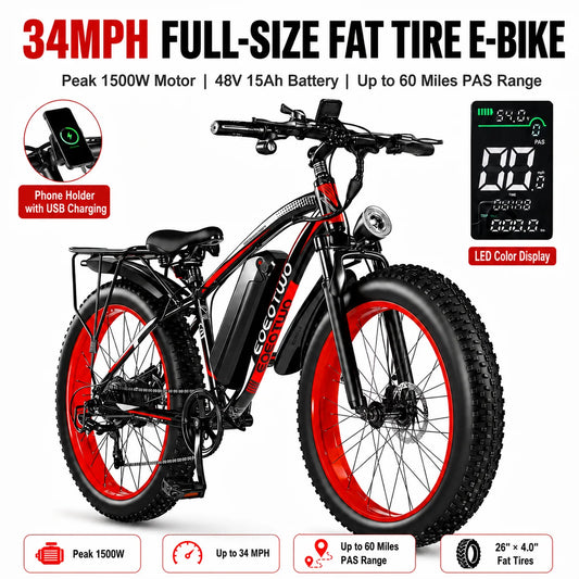 Eoeotwo 1500W Fat Tire Electric Bike With Extended Range Battery