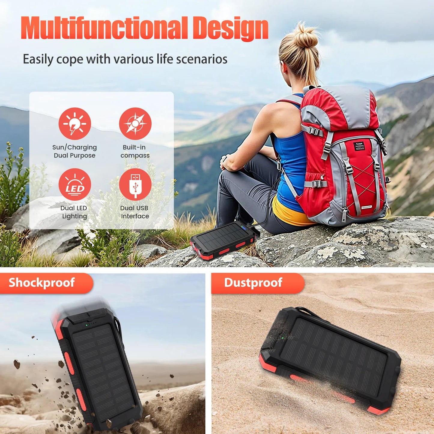 Portable Solar Power Bank With Wireless Charging And Flashlight
