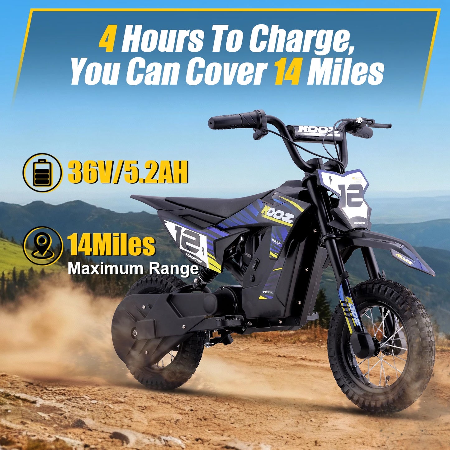 KOOZ 300W Electric Dirt Bike Kids 3 Modes Extended Range