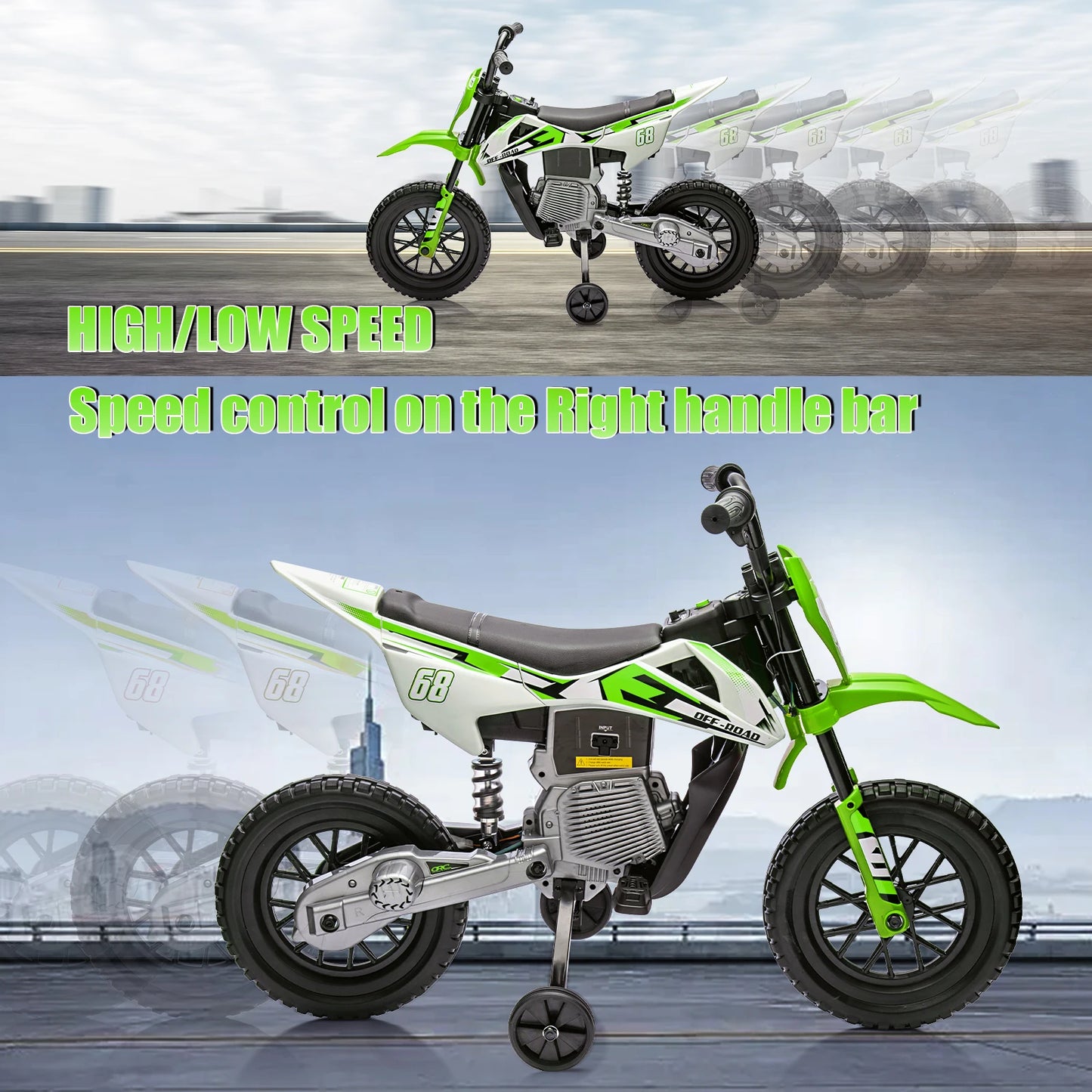 HiMiss Electric Kids Dirt Bike Ride On Motorcycle Training Wheels