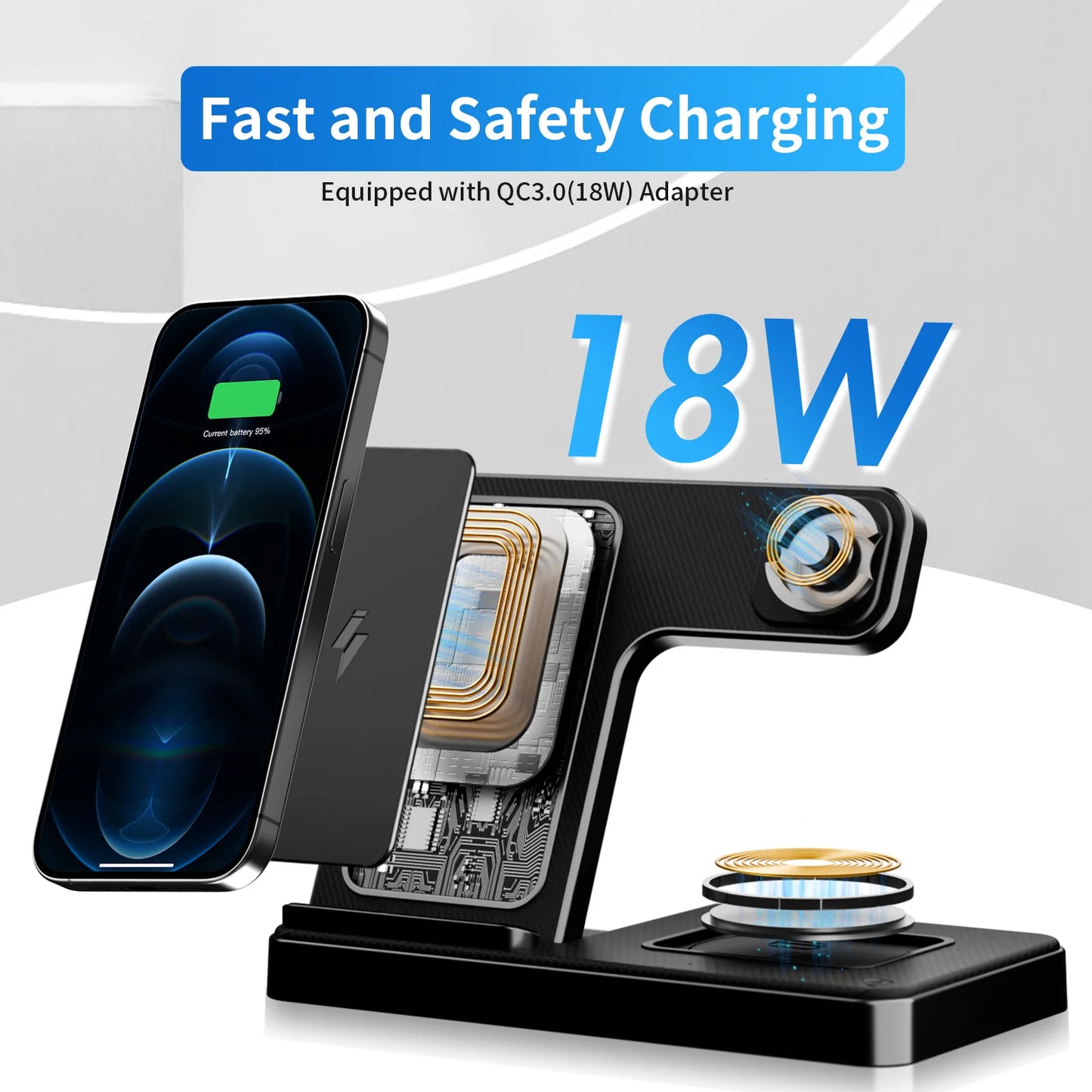 Foldable Magnetic Wireless Charger 18W For IPhone Watch Earbuds