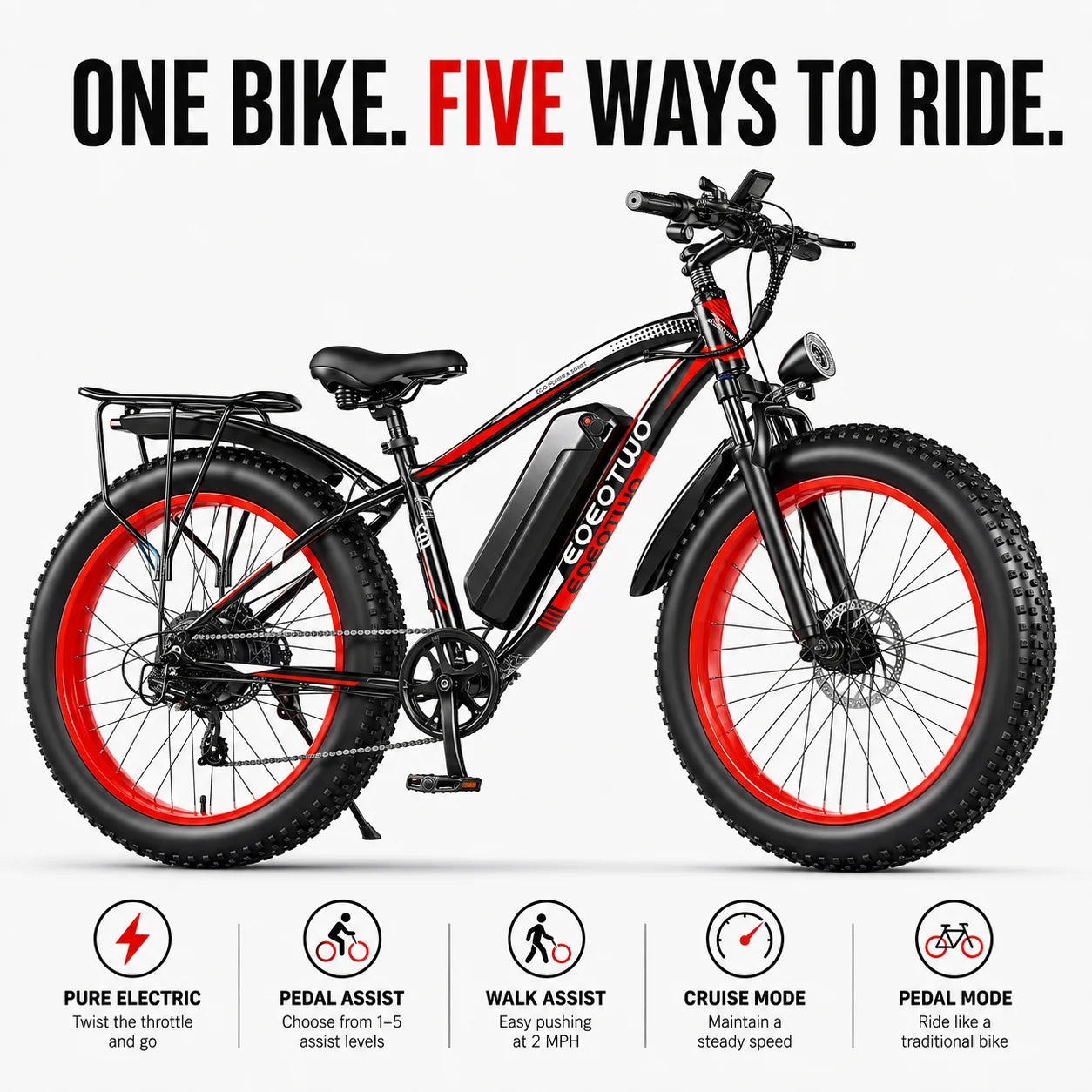 Eoeotwo 1500W Fat Tire Electric Bike With Extended Range Battery