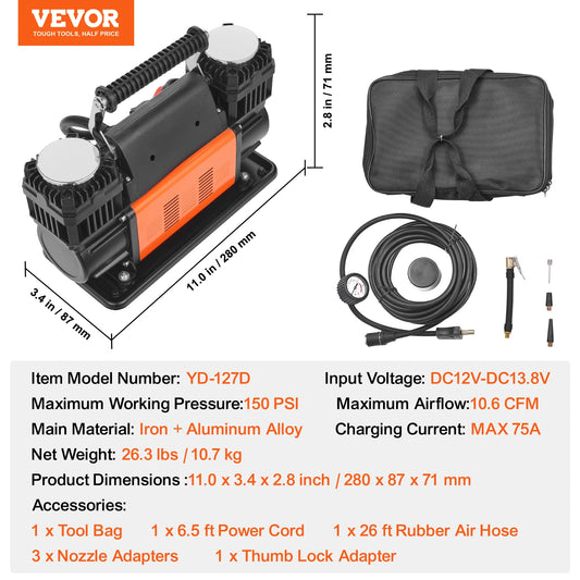 VEVOR Portable Tire Inflator Dual Cylinder Air Compressor Pump