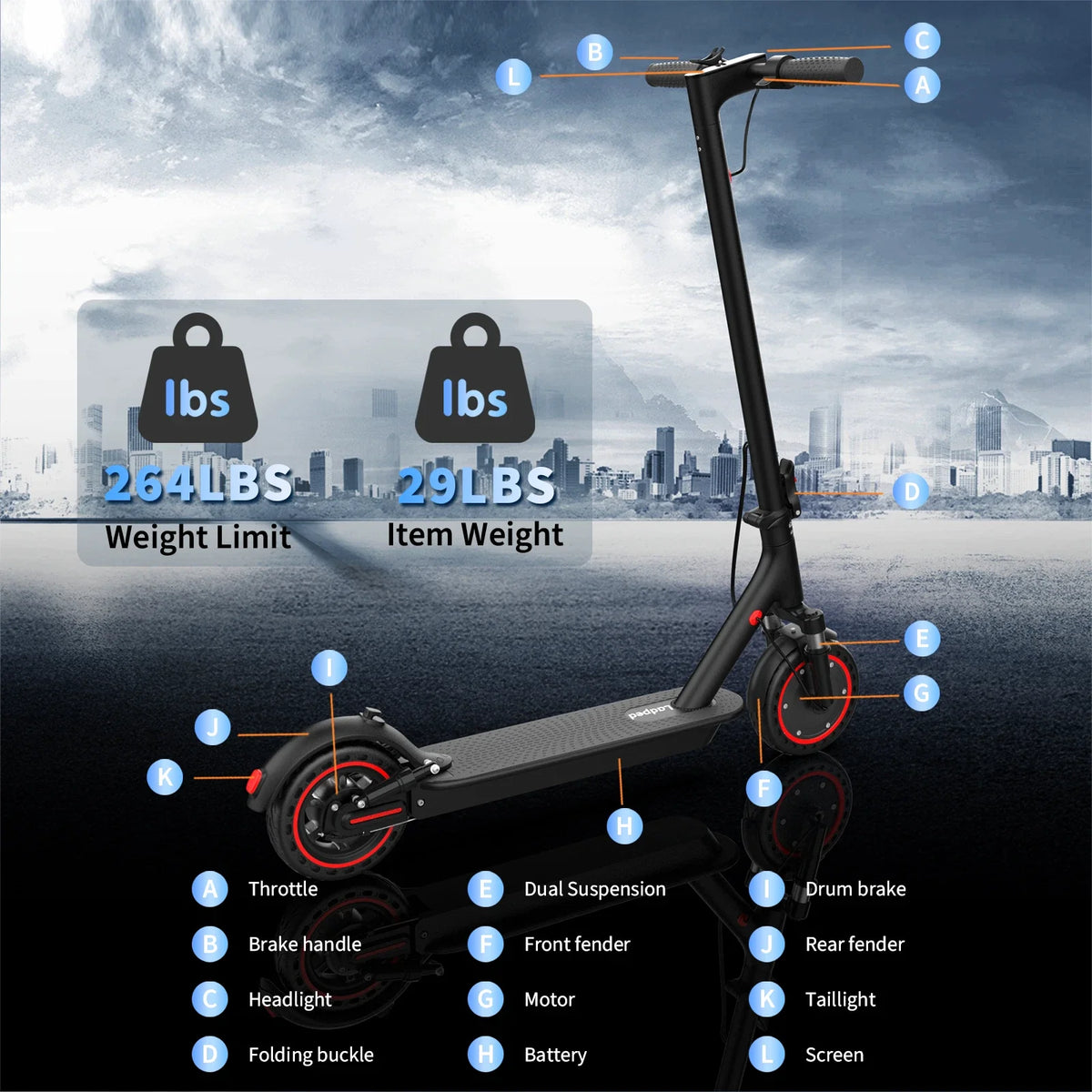 Ladped 350W Electric Scooter With Dual Suspension And Smart Control