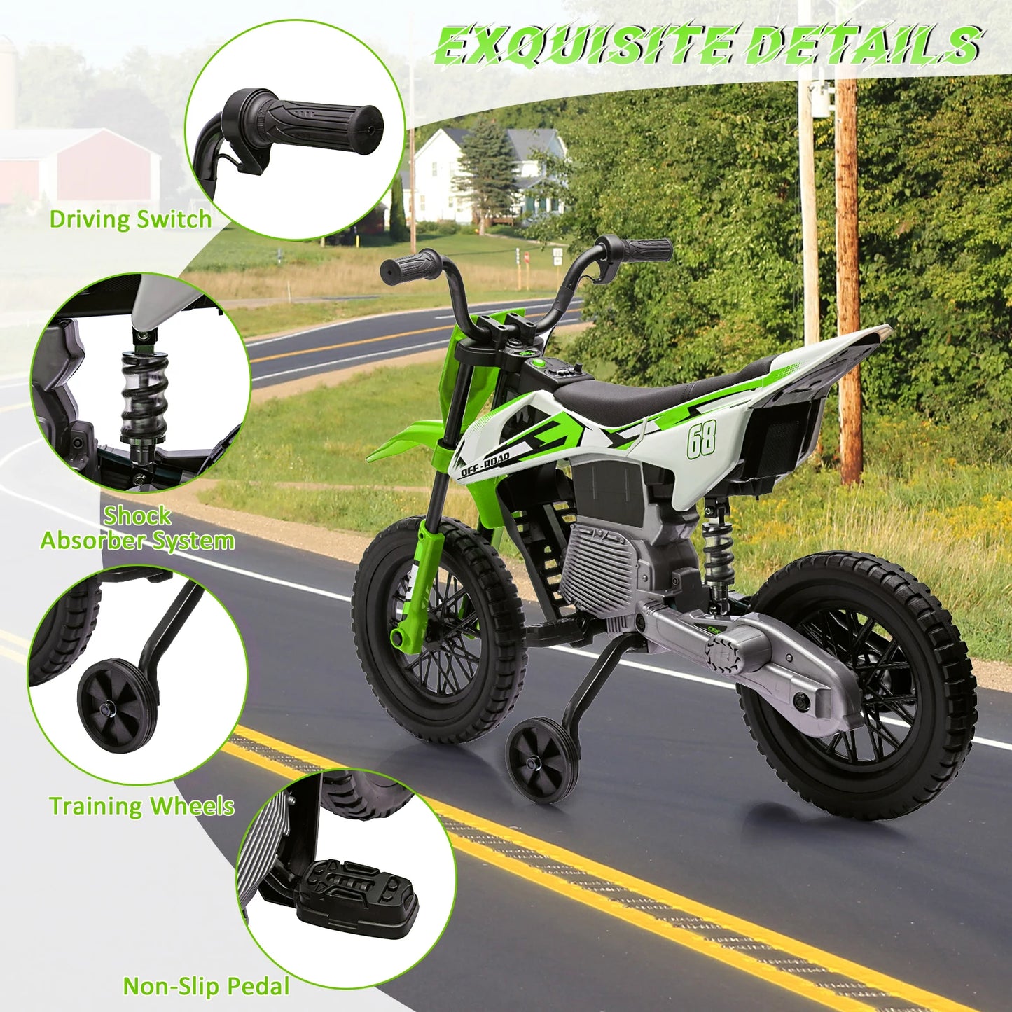 HiMiss Electric Kids Dirt Bike Ride On Motorcycle Training Wheels