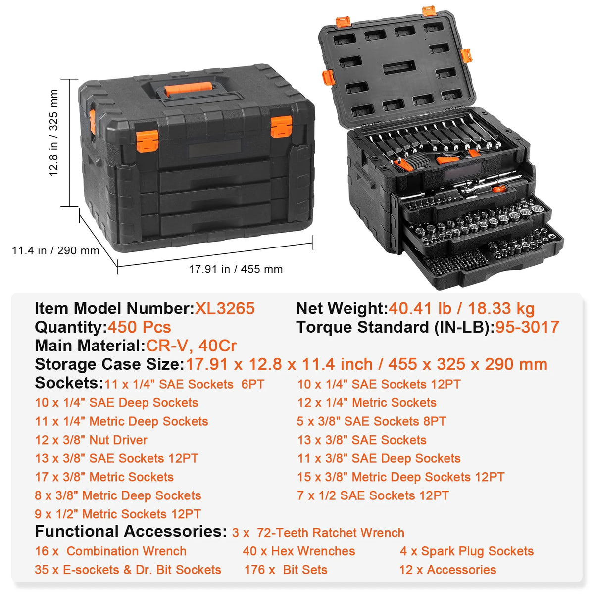 SucceBuy 450 Piece Mechanics Toolkit For Metric And SAE Sockets