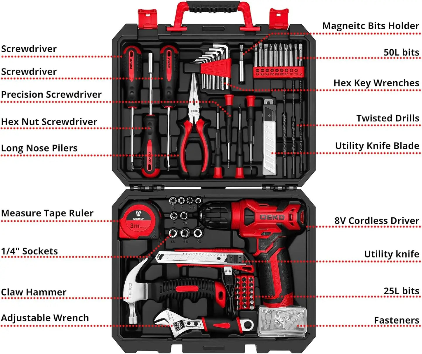 Deko 126 Piece Cordless Drill And Screwdriver Tool Kit
