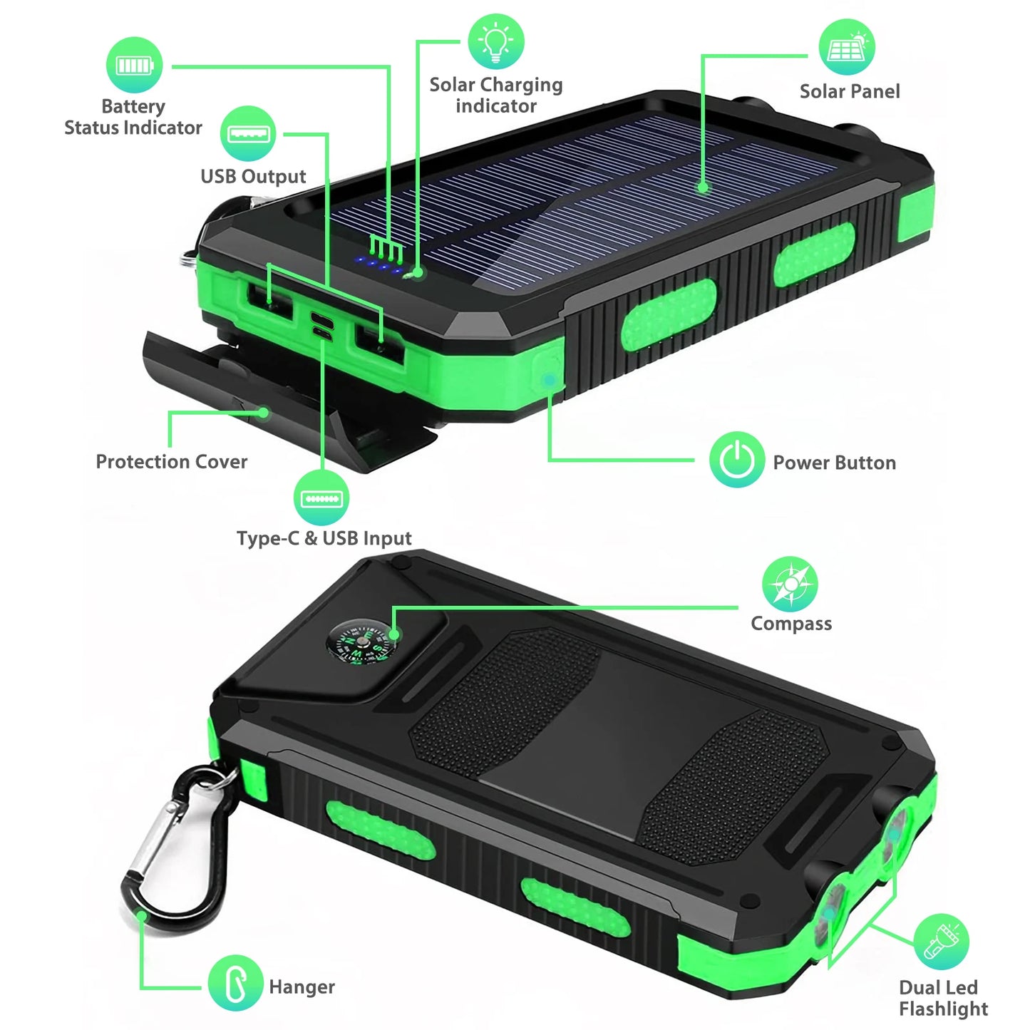Portable Solar Power Bank With Wireless Charging And Flashlight