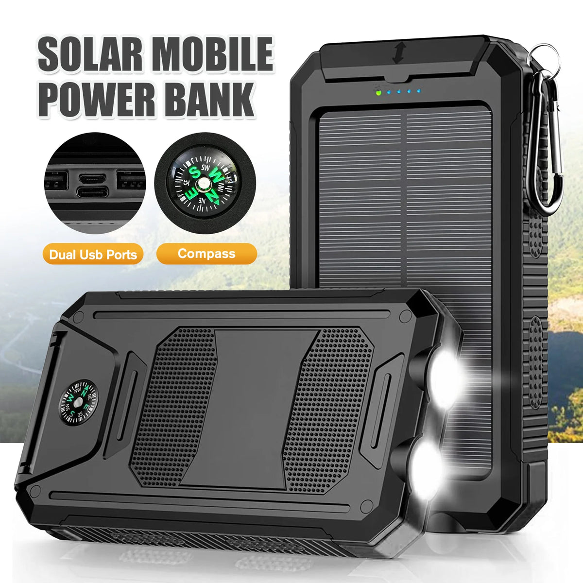 Portable Solar Power Bank With Wireless Charging And Flashlight