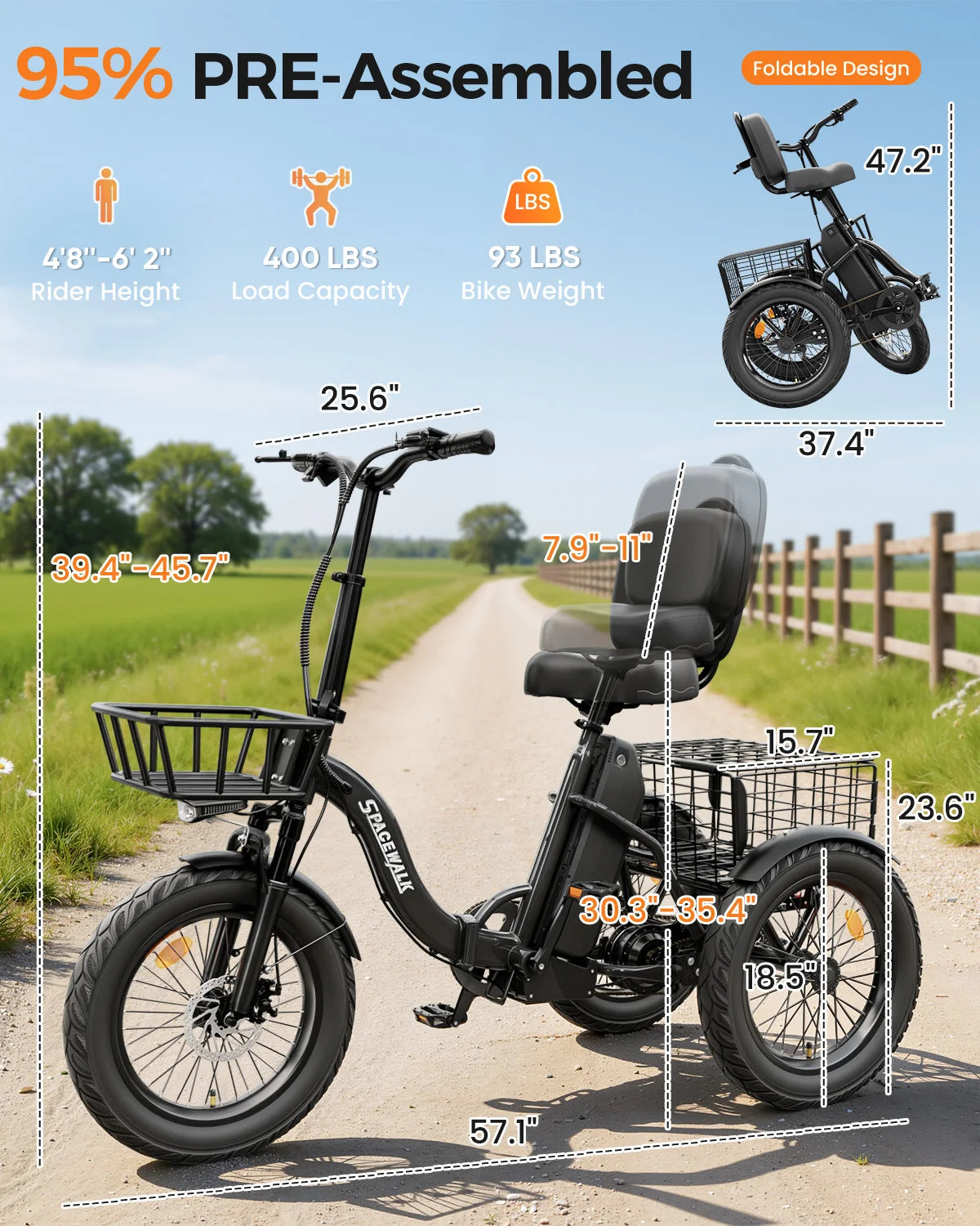 Eilleo Spacewalk 1200W Folding Electric Trike With Fat Tires