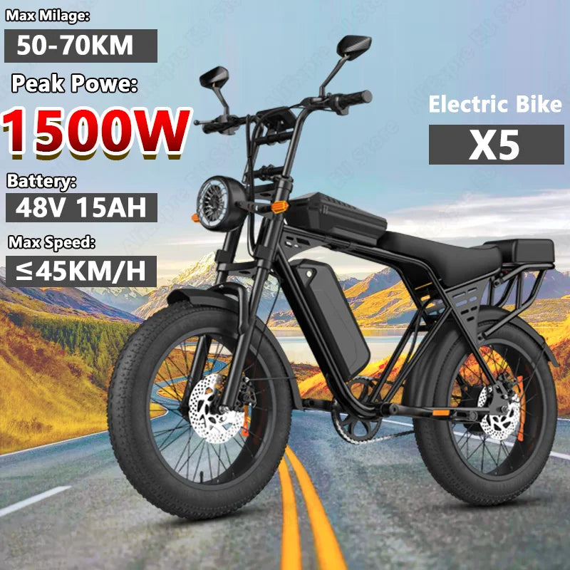 X5 1500W Fat Tire Electric Bike Featuring Removable 48V Battery