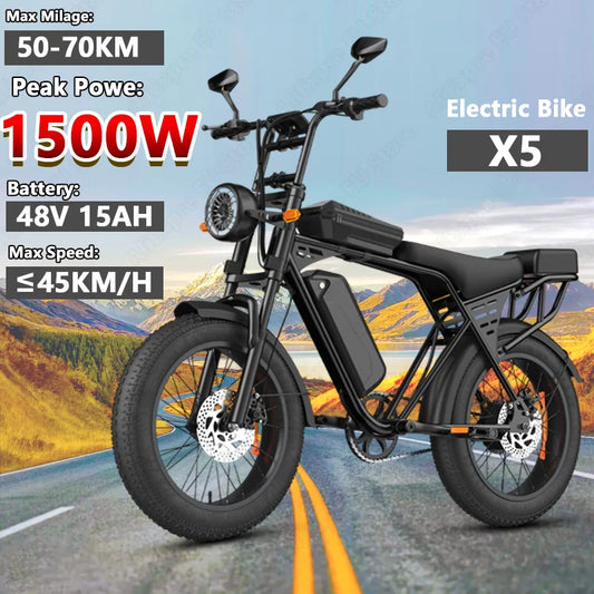 X5 1500W Fat Tire Electric Bike Featuring Removable 48V Battery