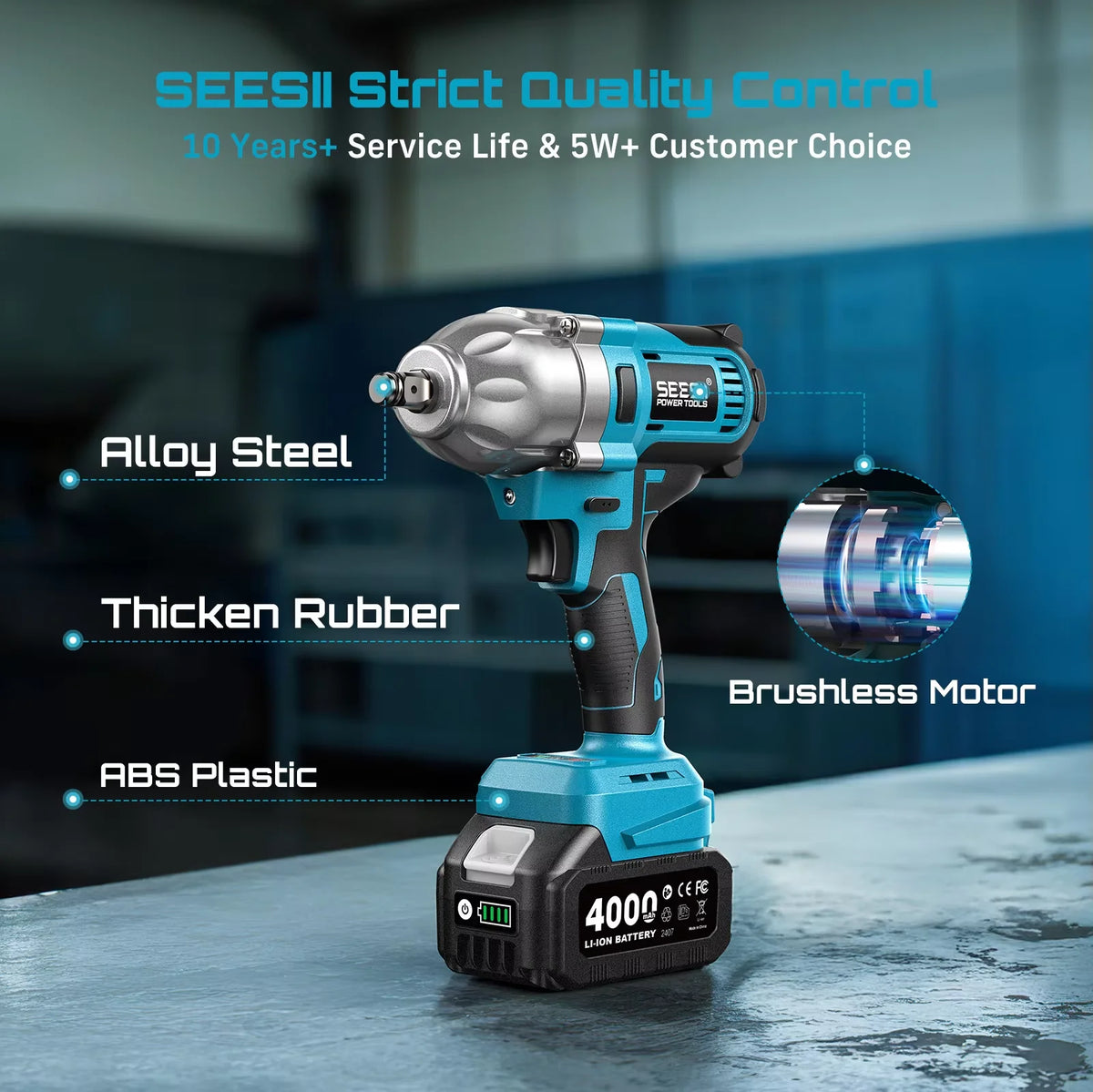 Seesii Cordless Brushless Impact Wrench Kit With Led Light