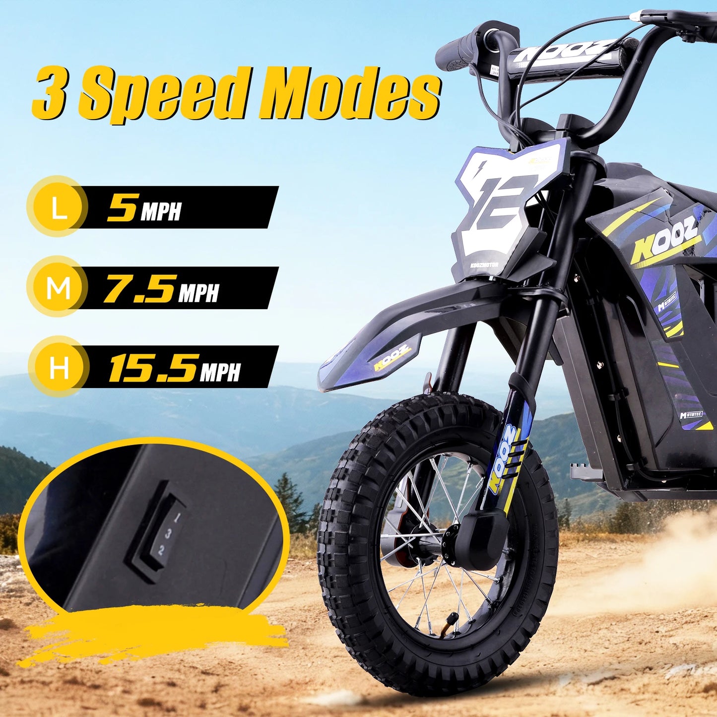 KOOZ 300W Electric Dirt Bike Kids 3 Modes Extended Range